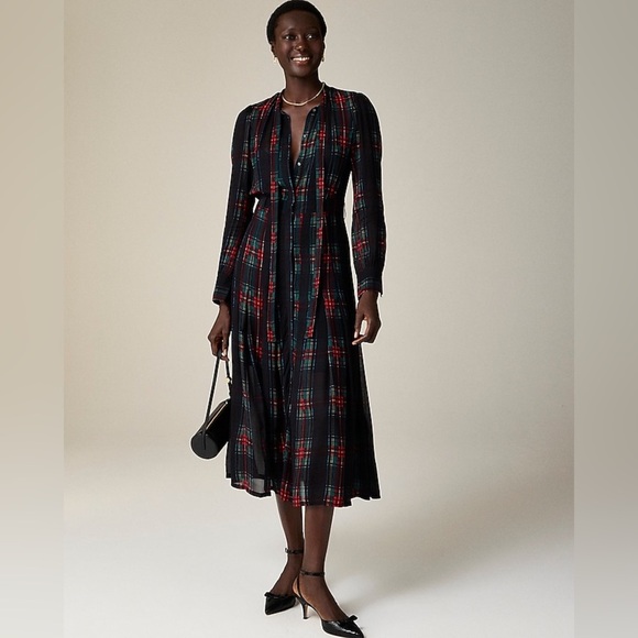J. Crew Tie-neck dress in Stewart tartan viscose chiffon Size Small NWT - Picture 2 of 12